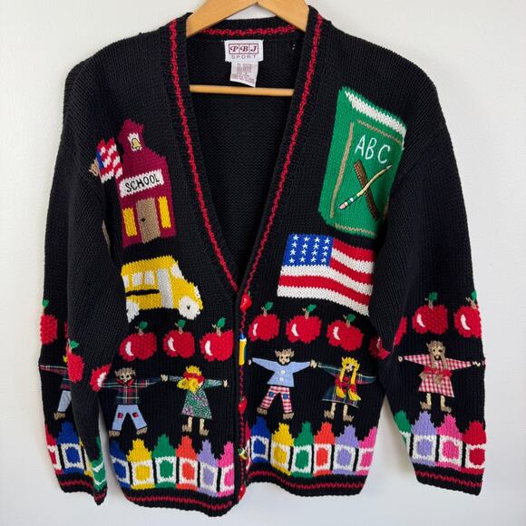 PBJ Sport Cardigan Sweater S M Back 2 School Bus Kids Students Teacher Classroom - Picture 3 of 11